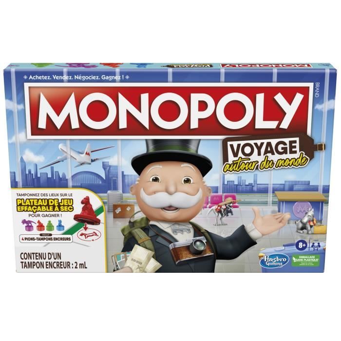 Monopoly Voyage autour du monde, jeu de societe, des 8 ans, avec pions-tampons encreurs et plateau effaçable a sec