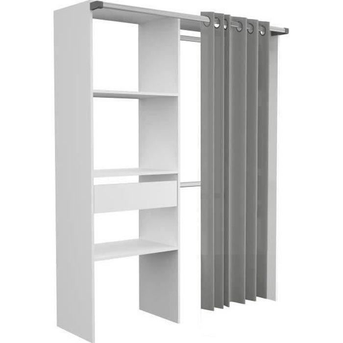 EKIPA Aménagement de placard avec rideau - Décor blanc - 1 colonne avec 1 tiroir + 2 penderies - L 143,5 X P 48 X H 181,9 cm - BARI