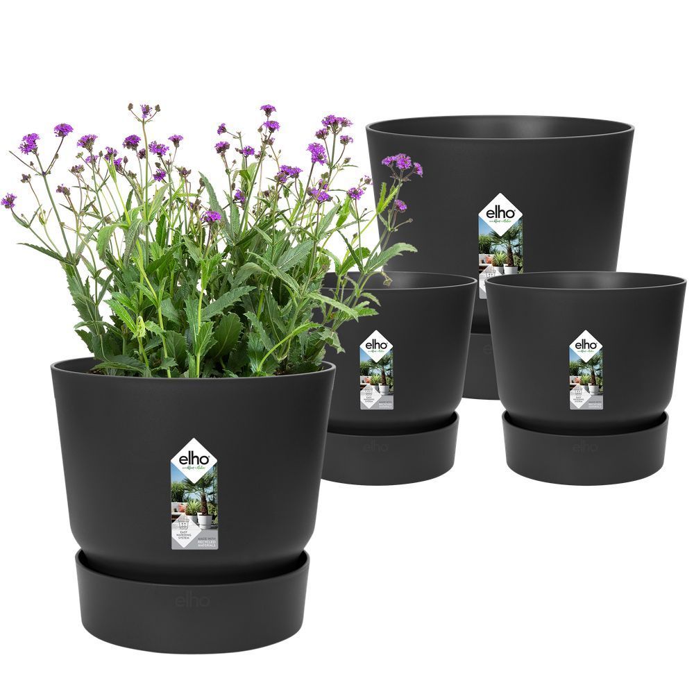 ELHO Lot de 2 pots de fleur rond Greenville - Ø14xH13,4 cm et Ø16xH15,3 cm - 7 L - Noir
