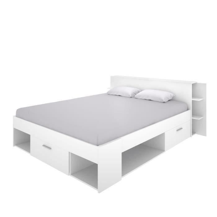 SAX Lit adulte 160x200 cm - 3 tiroirs + Tete de lit avec rangement - Blanc