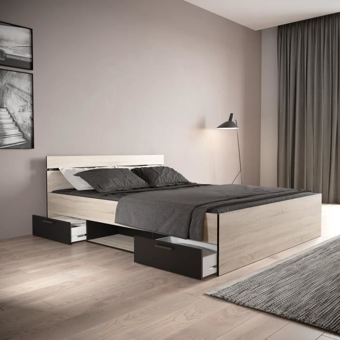 Image secondaire de Lit double MICHIGAN en chêne brossé et noir avec rangement