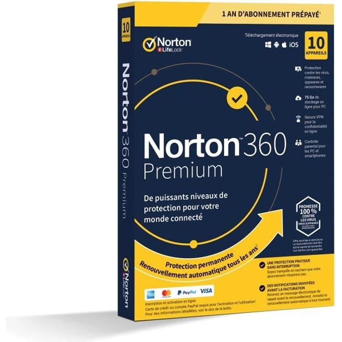 NORTON 360 Premium 75 Go FR 1 Utilisateur 10 Appareils - 12 Mo STD RET ENR MM
