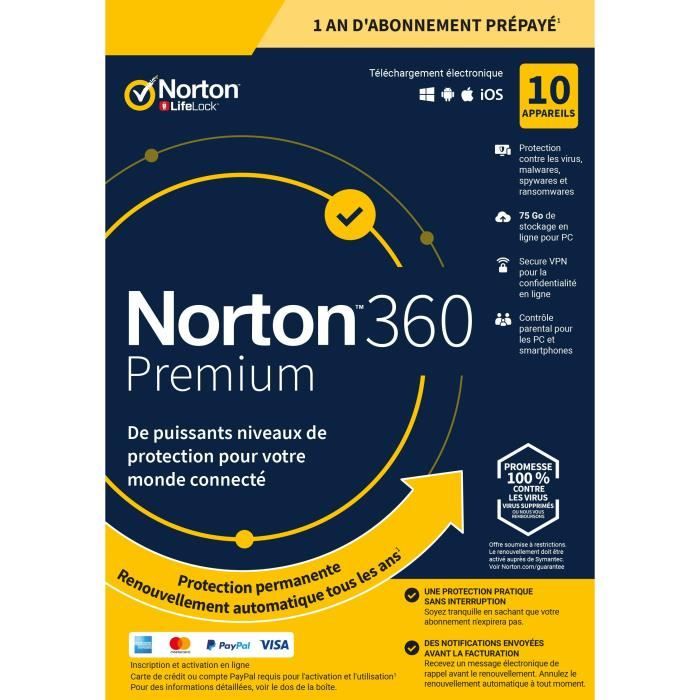 NORTON 360 Premium 75 Go FR 1 Utilisateur 10 Appareils - 12 Mo STD RET ENR MM