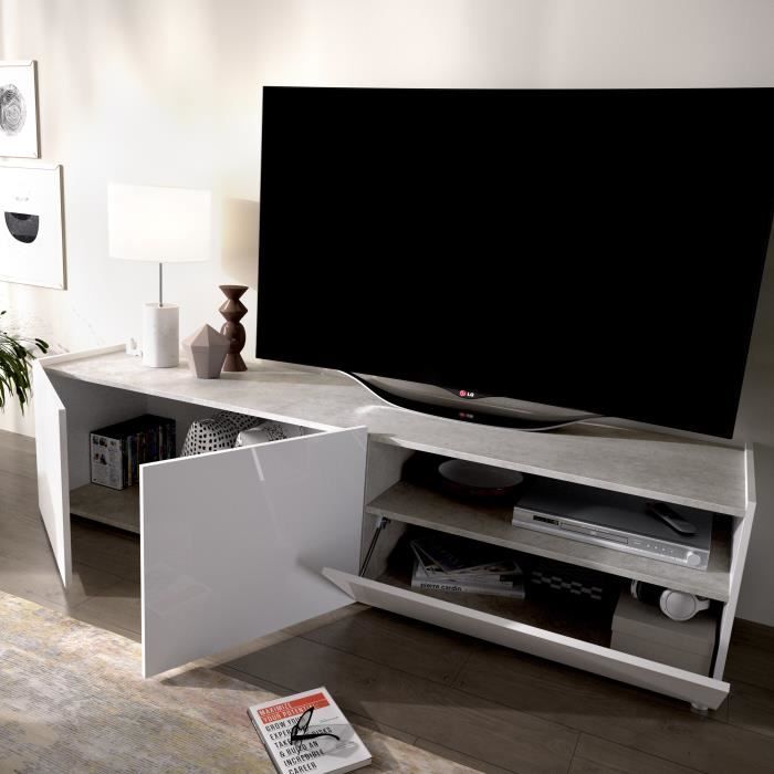 Meuble TV - Décor blanc et béton - L 204 x P 42 x H 48 cm - KLoe