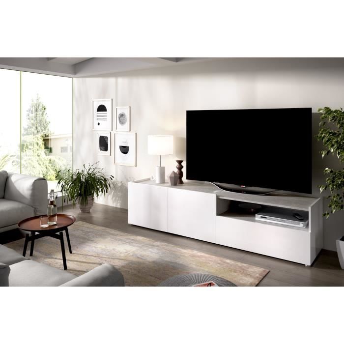 Meuble TV - Décor blanc et béton - L 204 x P 42 x H 48 cm - KLoe