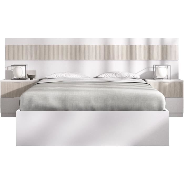 Lit adulte design avec chevets intégrés - 160 x 200 cm - Blanc et Bois