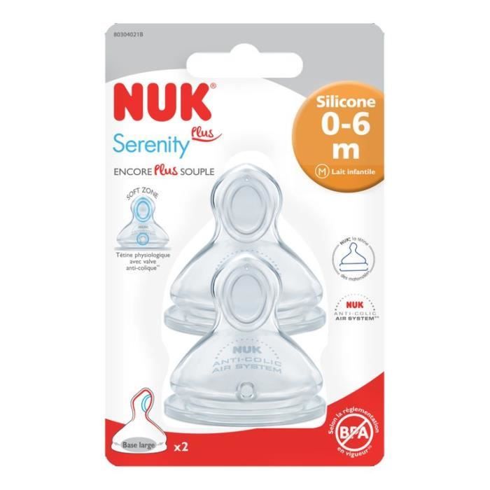 NUK Lot 2 tétines Serenity+ - Base large - En silicone - 0-6 mois