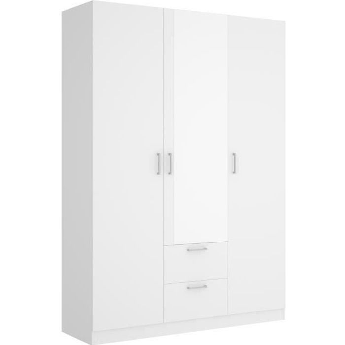 Armoire - Blanc - 3 portes + miroir + 2 tiroirs - L 150 x P 52 x H 215cm - MAXI