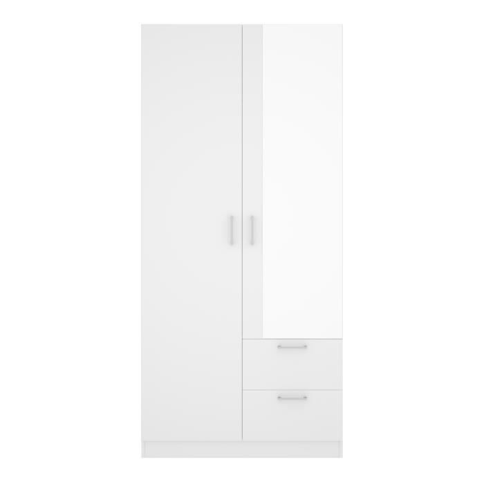 MAXI Armoire 2 portes + miroir + 2 tiroirs - Blanc - L 100 x P 52 x H 215cm