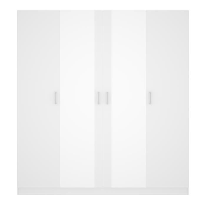 Armoire avec miroir - En panneaux de particules - Blanc - 4 portes - Style Essentiel - Chambre - L 200 x P 52 x H 215cm - MAXI
