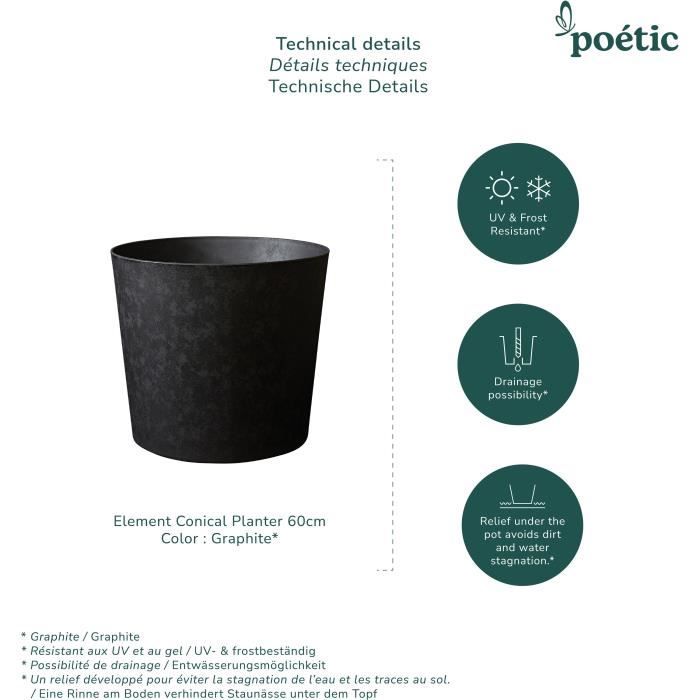 Pot de fleurs conique ELEMENT - Pour intérieur et extérieur - Finition Texturée- Coloris Graphite - Ø60 x H.50 cm - 100L - PoeTIC