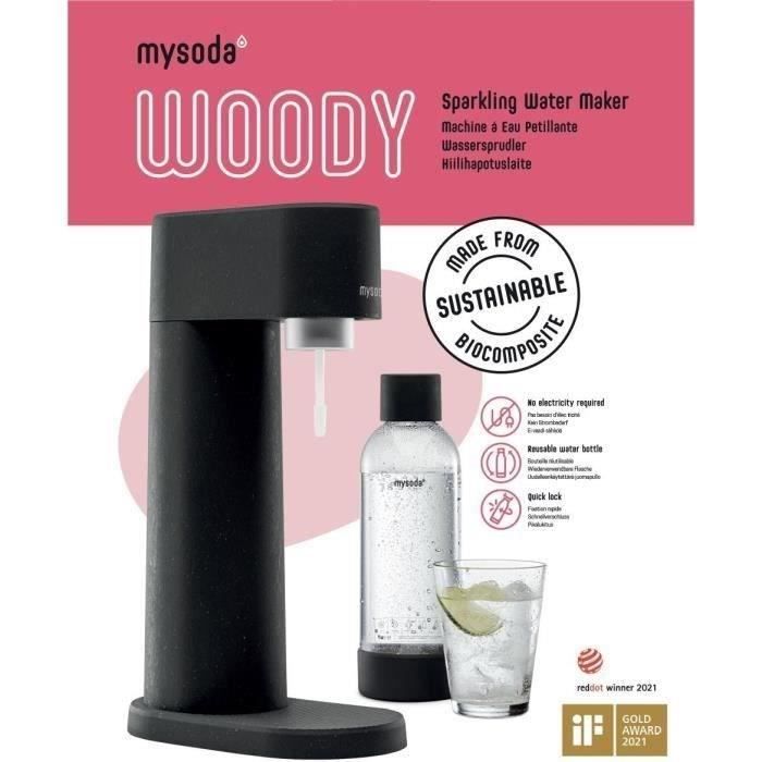 MYSODA Machine a Soda Woody Black, 1 bouteille de 1L, 1 cylindre de CO2