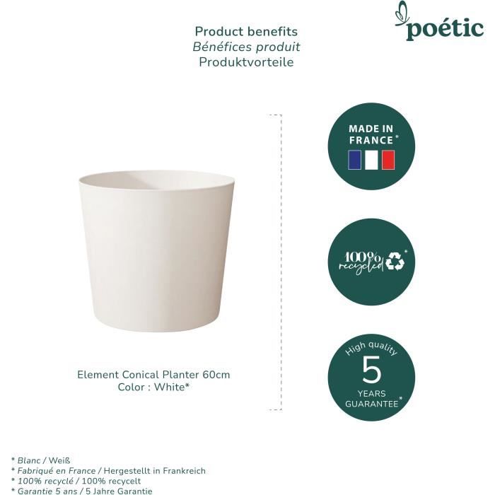 Pot de fleurs conique ELEMENT - Pour intérieur et extérieur - Finition Texturée- Coloris Blanc - Ø60 x H.50 cm - 100L - PoeTIC