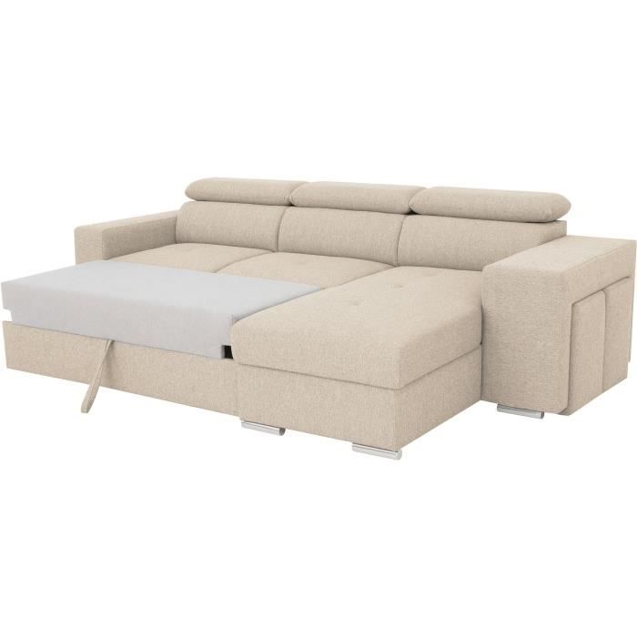 Canapé d'angle convertible réversible TYRON - Coffre et 2 poufs - Tissu Beige - L 257 x P 163 x H 94 cm