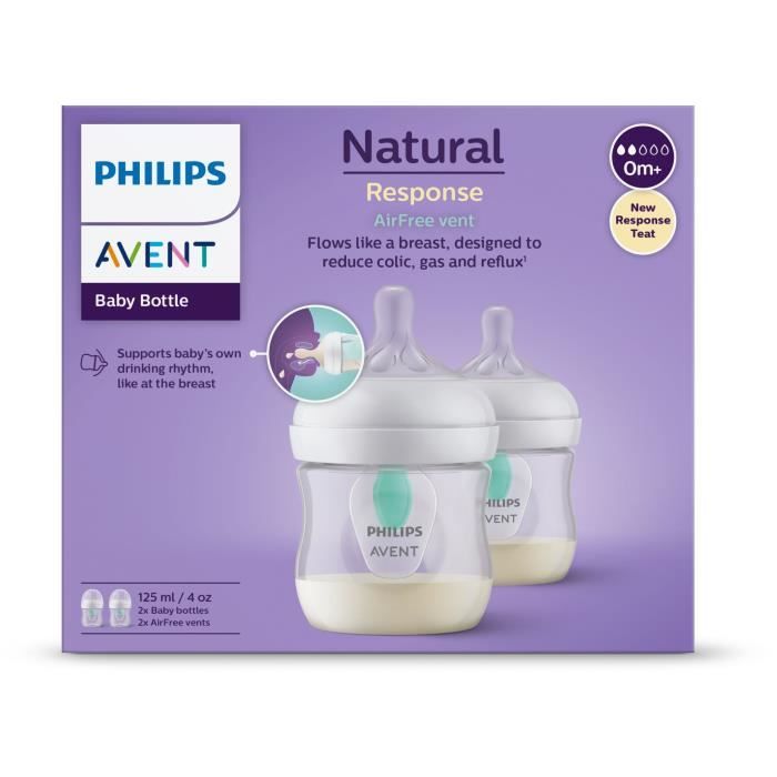 Image secondaire de Lot de 2 biberons - PHILIPS AVENT- Natural 3.0 - Anti-colique - 125 ml - AirFree - Tétine imitant la forme du sein - Blanc