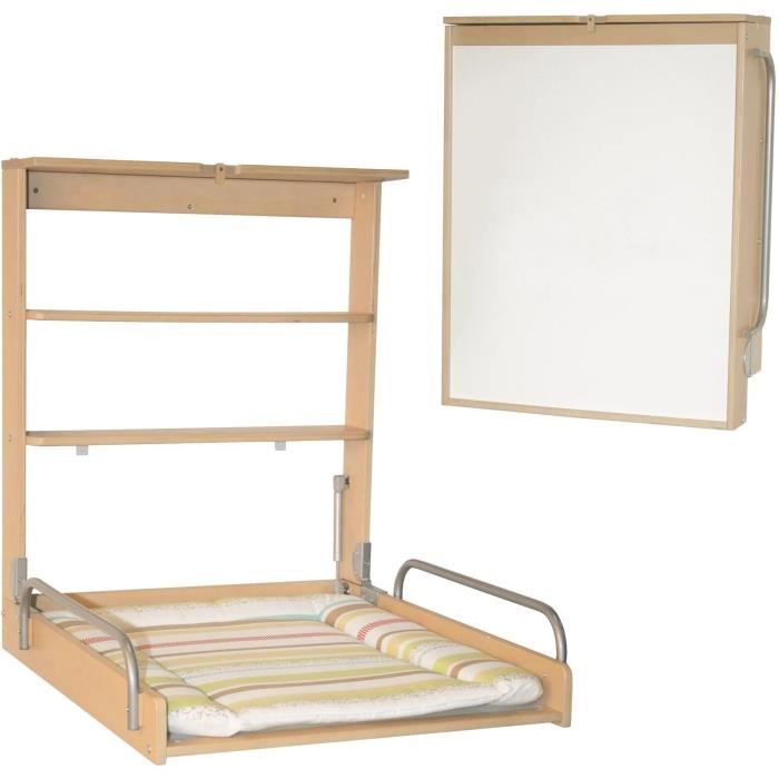 Fasciatoio pieghevole da parete - ROBA - DSCHUNGELBABY - Materasso a righe multicolore incluso - 2 ripiani integrati - Legno naturale