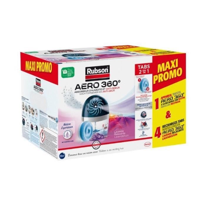Assorbiumidità - RUBSON - MAXI PROMO - 4 ricariche Lavanda + 1 dispositivo Aero 360° 20 mq