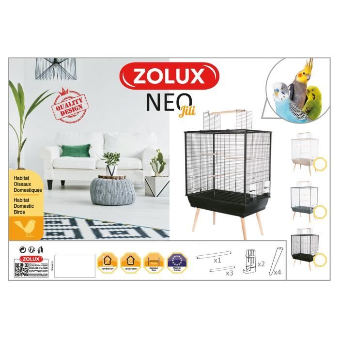 ZOLUX Cage surélevée Néo Jili pour oiseaux - L 78 x P 47,5 x H 112 cm - Gris