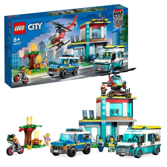 LEGO City 60371 Le QG des Véhicules d'Urgence, Hélicoptere Jouet, Moto et Voiture de Police