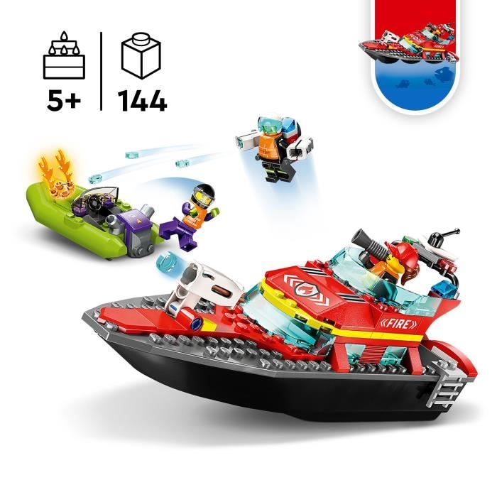 LEGO City 60373 Le Bateau de Sauvetage des Pompiers, Jouet Flottant, Jetpack et Minifigurines