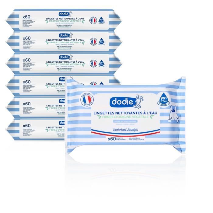 Dodie Lot de 7 paquets de Lingettes a l'eau 7x60 - Visage, Corps & Siege - Fibres d'origine végétale - Des la naissance