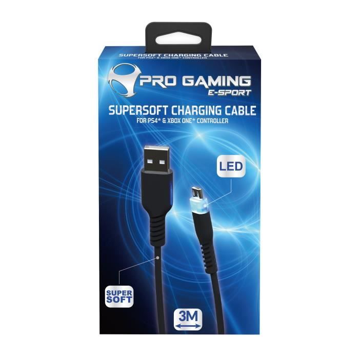 Cable de recharge et transfert micro USB, Supersoft anti noeuds, LED rétroéclairage pour manette PS4 Pro/Slim, Xbox One, 3 metres
