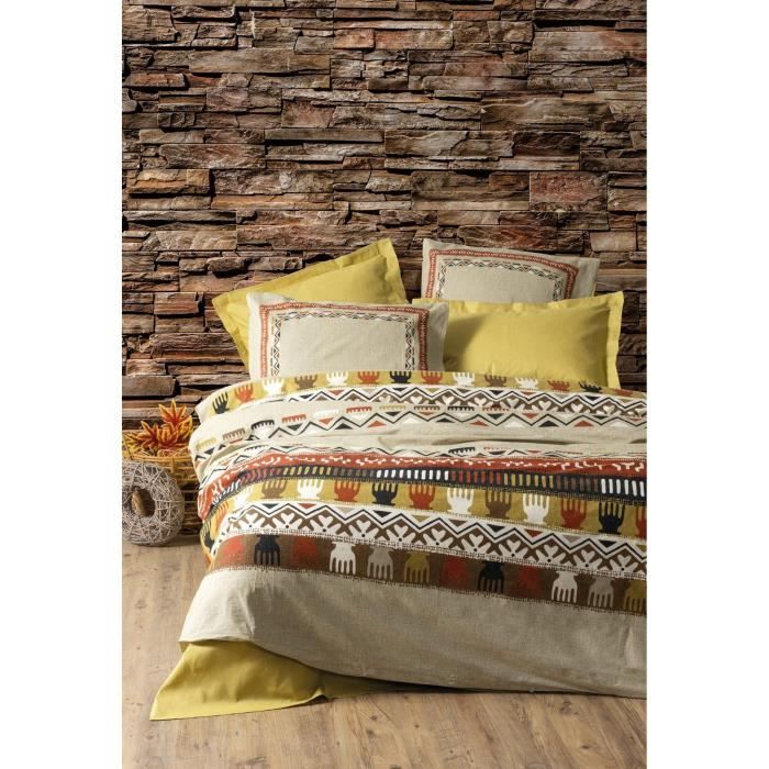 Parure de lit - 1 housse de couette 220 x 240 cm + 2 taies d'oreiller 60 x 60 cm - 100% coton renforcé - Moutarde