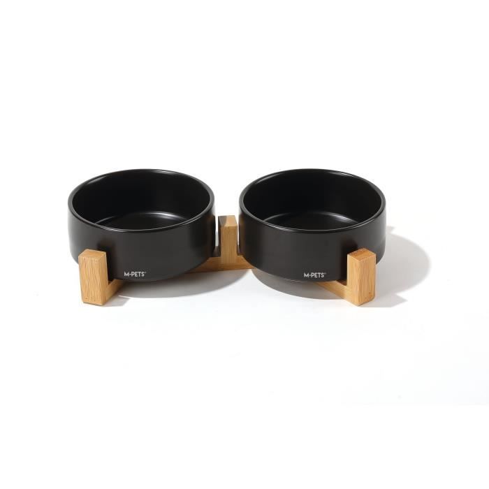Cuencos de cer�mica con soporte de bamb� 2x350 ml - Mpets - OPERA - Negro