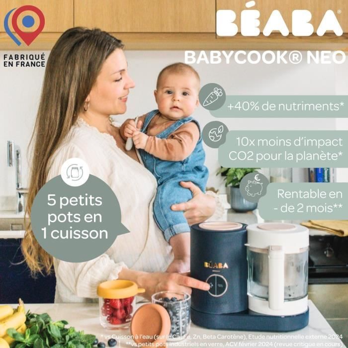 BEABA Babycook Neo - Robot culinaire bébé multifonction 4en1 - Cuit a la vapeur, mixe, décongele, réchauffe - Night Blue