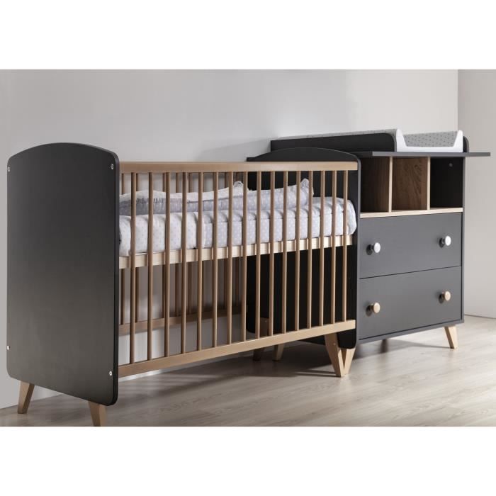 TANUKI Chambre bébé Duo Dream - Lit + Commode a langer - Réglable 3 hauteurs - Bois Hetre et MDF - Gris clair mat