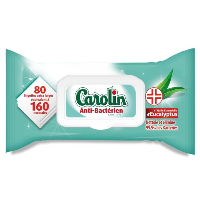 CAROLIN Lingettes Anti-Bactériennes a l'huile essentielle d'Eucalyptus - 80 pieces