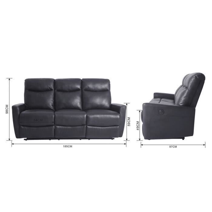 Canapé relax électrique - 3 places - JESS - Cuir et simili noir - 185 x 97 x 98 cm