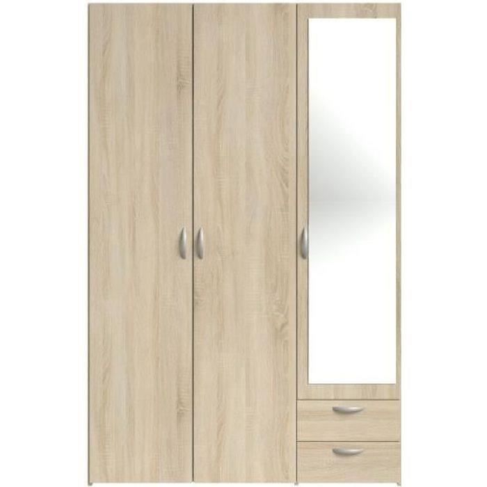 Armoire VARIA - Décor chene - 3 portes + miroir + 2 tiroirs - L 120 x H 185 x P 51 cm - PARISOT