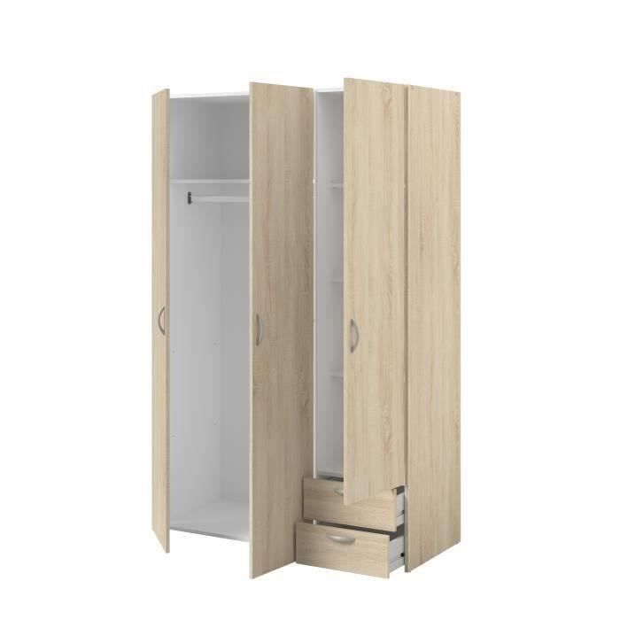Armoire VARIA - Décor chene - 3 portes battantes + 2 tiroirs - L 120 x H 185 x P 51 cm - PARISOT