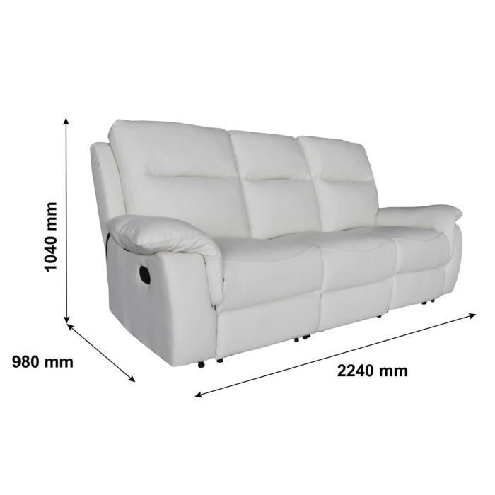 Canapé relax manuel - 3 places - DARWIN - Simili blanc - L 224 x P 98 x H 104 cm