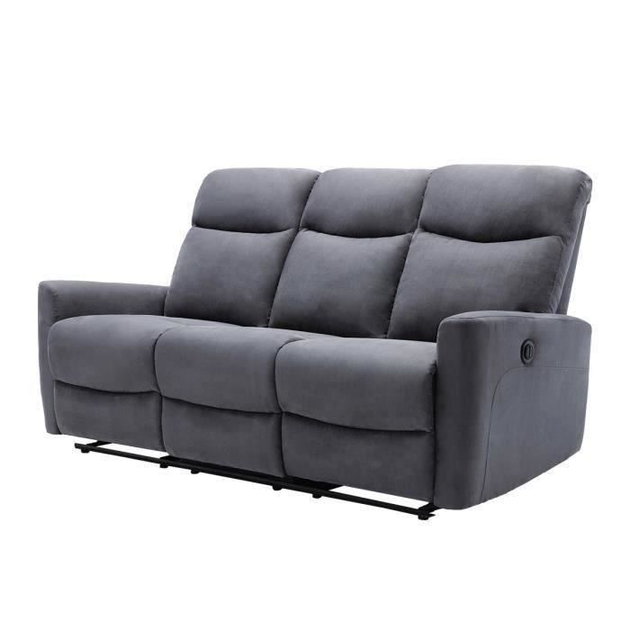 Canapé relax 3 places dont 2 relax électrique - Tissu gris - JESS