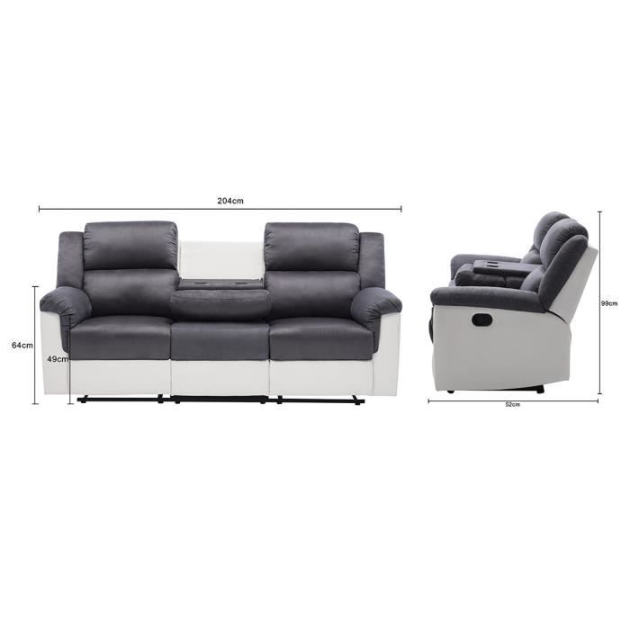 Canapé 3 places dont 2 places relax manuel + Porte-gobelet - Microfibre - Gris - GENIUS - L 205 x P 95 x H 101 cm