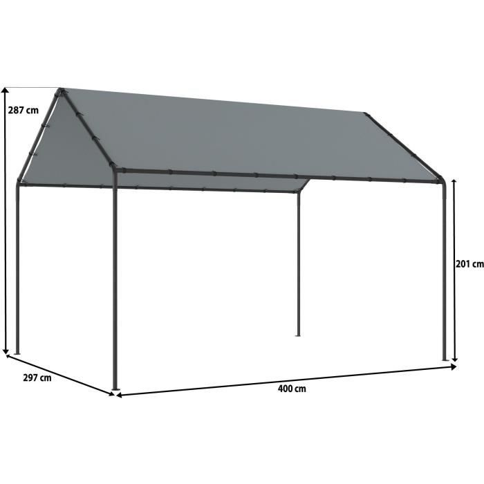Tonnelle de jardin Hector en acier avec toit en toile grise - L296 x P400 X H201/286 cm