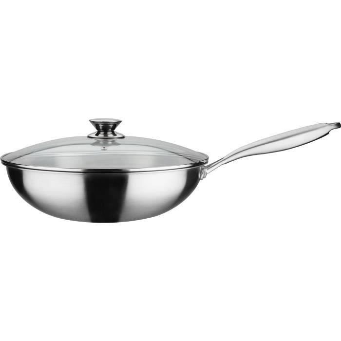 GSW Wok pro con coperchio - Ø 32 cm - Fondo a 3 strati - Manico rivettato - Acciaio inossidabile - Tutte le fonti di calore inclusa l'induzione