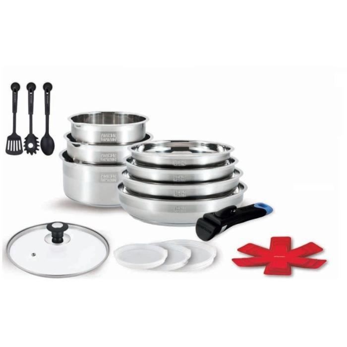 Batterie de cuisine - Tous feux dont induction - ARTHUR MARTIN - Sans PFOA/PFAS - Acier inoxydable 18/10 - 18 pc - Poignée amovi