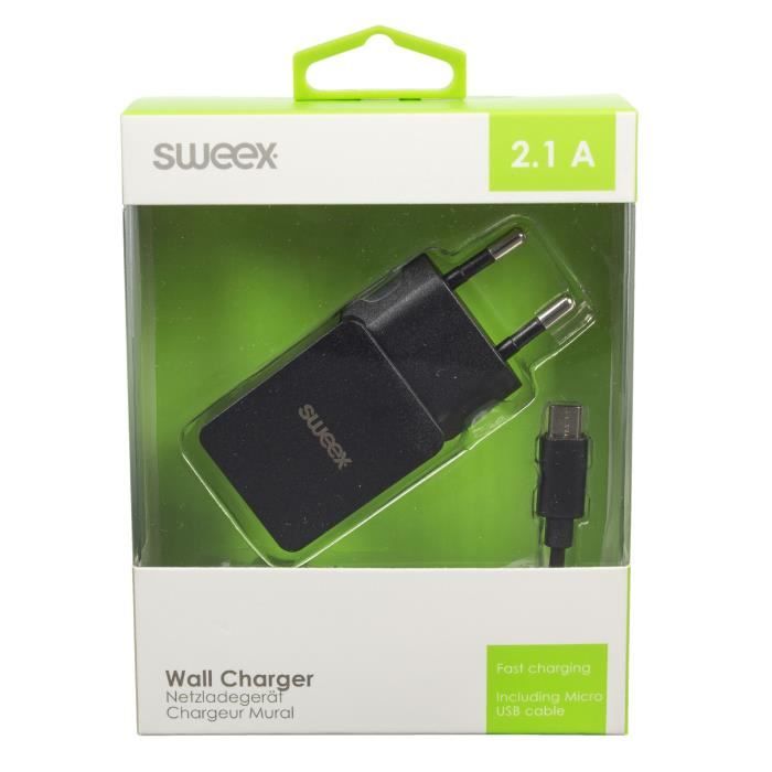 SWEEX Chargeur mural + câble micro USB -  2,1 A - Noir