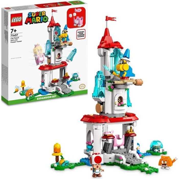 LEGO 71407 Super Mario Ensemble d'Extension La Tour Gelée et le Costume de Peach Chat, Figurine Toad, Jouet Château, Enfants 8 Ans