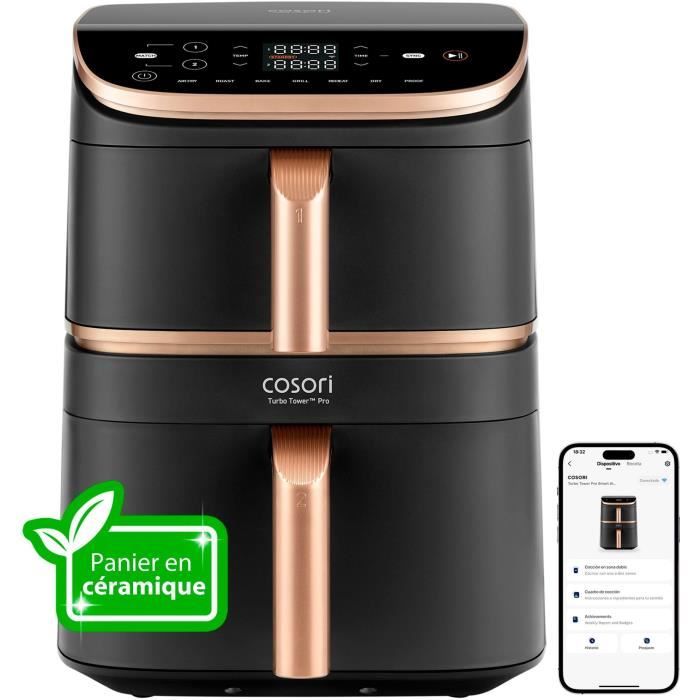 Friteuse sans huile COSORI - Turbo Tower Pro Smart - Capacité 10,8L - 2 cuves - 7 programmes - 2630W - Noir