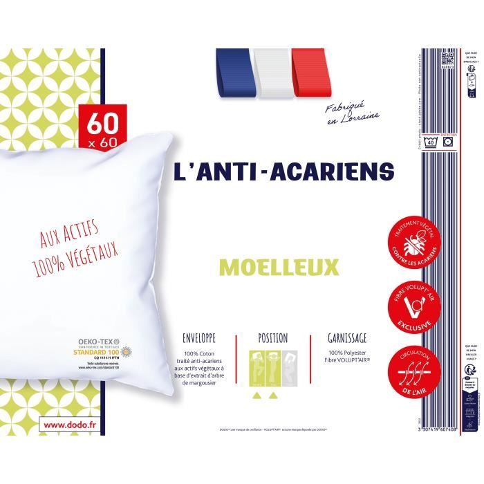 Oreiller - L'ANTI-ACARIENS - Aux actifs 100% végétaux - 60 x 60 cm - Polyester et fibre Volupt'air - DODO
