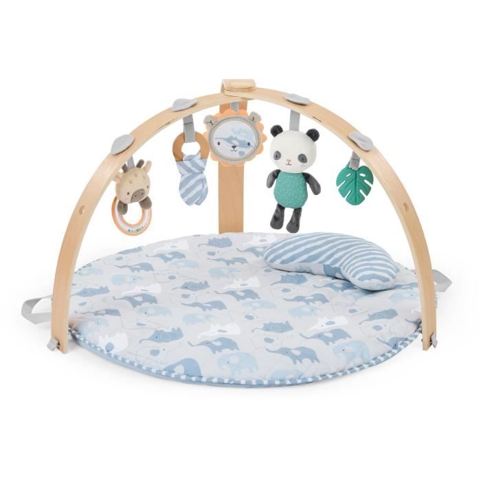 INGENUITY Tapis d'éveil bébé pliable Cosy Spot Elephant,coussin reversible, arche de jeux en bois, mirroir et jouets sensoriels