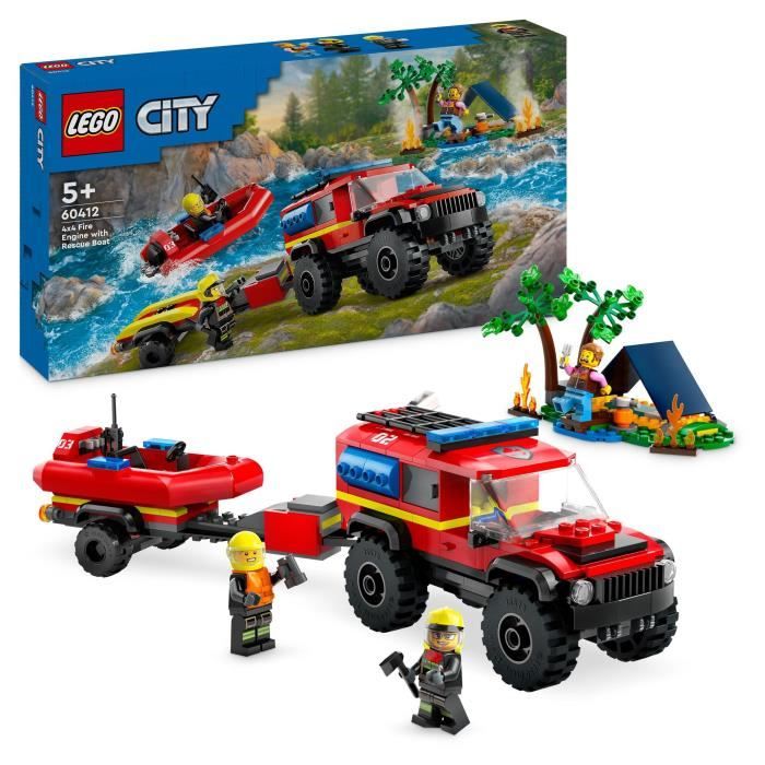 LEGO 60412 City Cami�n de Bomberos 4x4 y Bote Salvavidas, Juguete con Barco, Remolque y Minifiguras