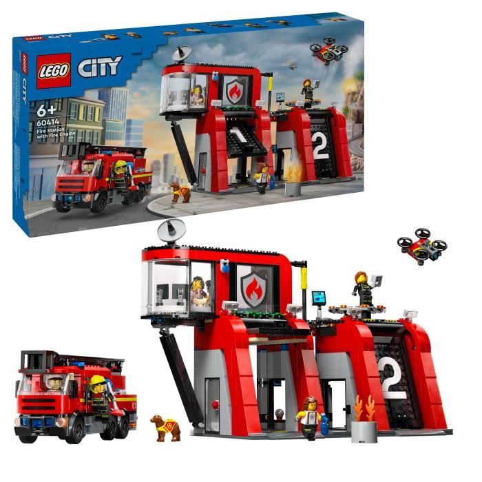 LEGO 60414 City Estaci�n de Bomberos y Cami�n de Bomberos, Figura de Perro de Juguete y 5 Minifiguras, Regalo Infantil