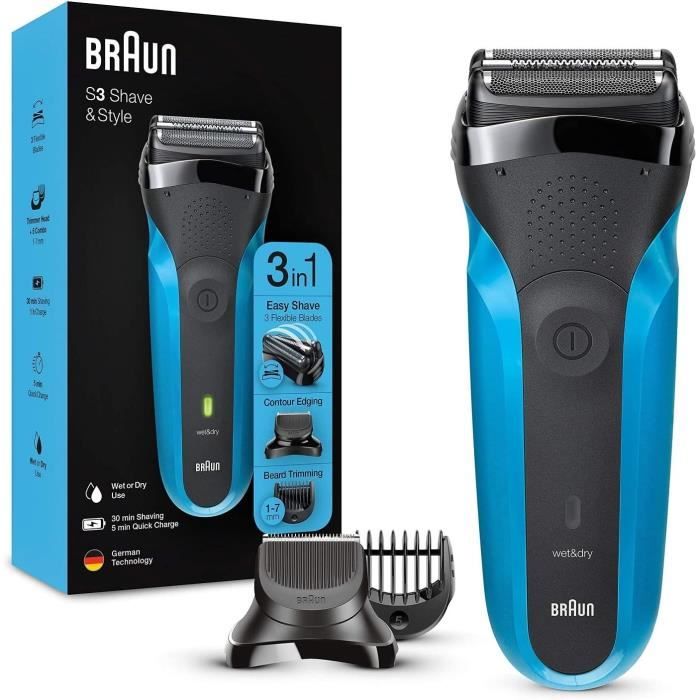 Braun Series 3 Shave & Style Rasoir ?lectrique Homme 3-En-1 Noir/Bleu, ?quip? De La Technologie Wet & Dry Avec Tondeuse a Barbe Haut