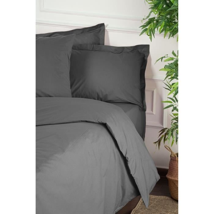 Image secondaire de Parure de lit - 1 housse de couette 220 x 240 cm + 2 taies d'oreiller 60 x 60 cm - 100% coton renforcé - Anthracite