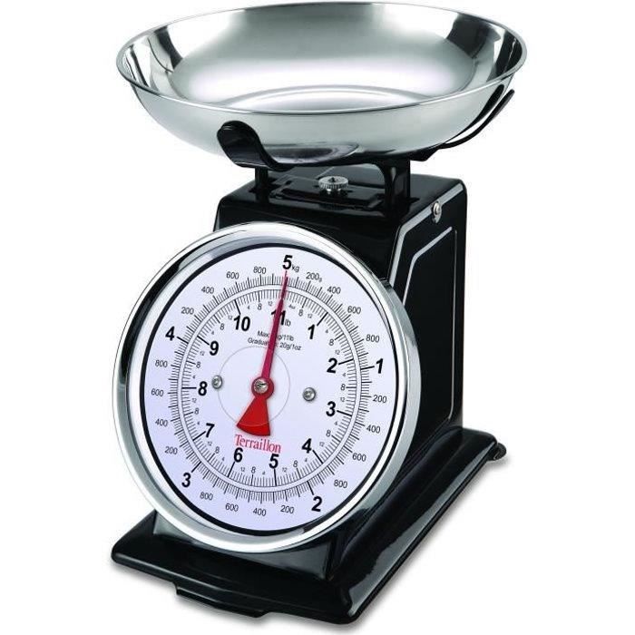 TERRAILLON 14477 Bilancia meccanica retrò Deco - 5 kg - Ciotola 1L - Quadrante grande - Metallo - Nero
